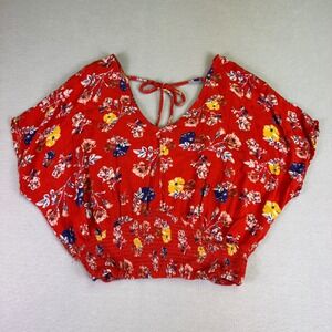 Willow & Root Women's Red Floral Butterfly Sleeve Smocked Crop Top Blouse‎ Small